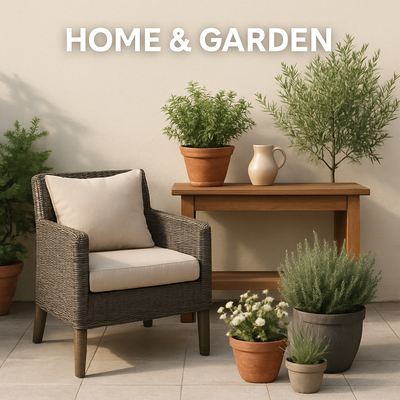 Luxury outdoor patio scene featuring a woven armchair, wooden console table, and decorative potted plants against a neutral stucco wall