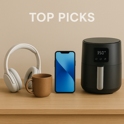 Top-selling tech and home items including white wireless headphones, ceramic mug, smartphone, and black air fryer on a wooden shelf