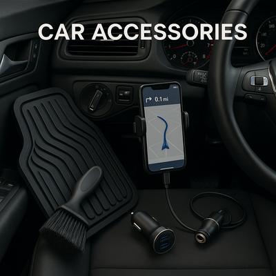 Modern car interior showcasing a phone mount with GPS, USB car charger, rubber floor mat, and detailing brush