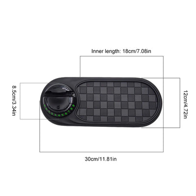 Black footrest with measurements on a white background