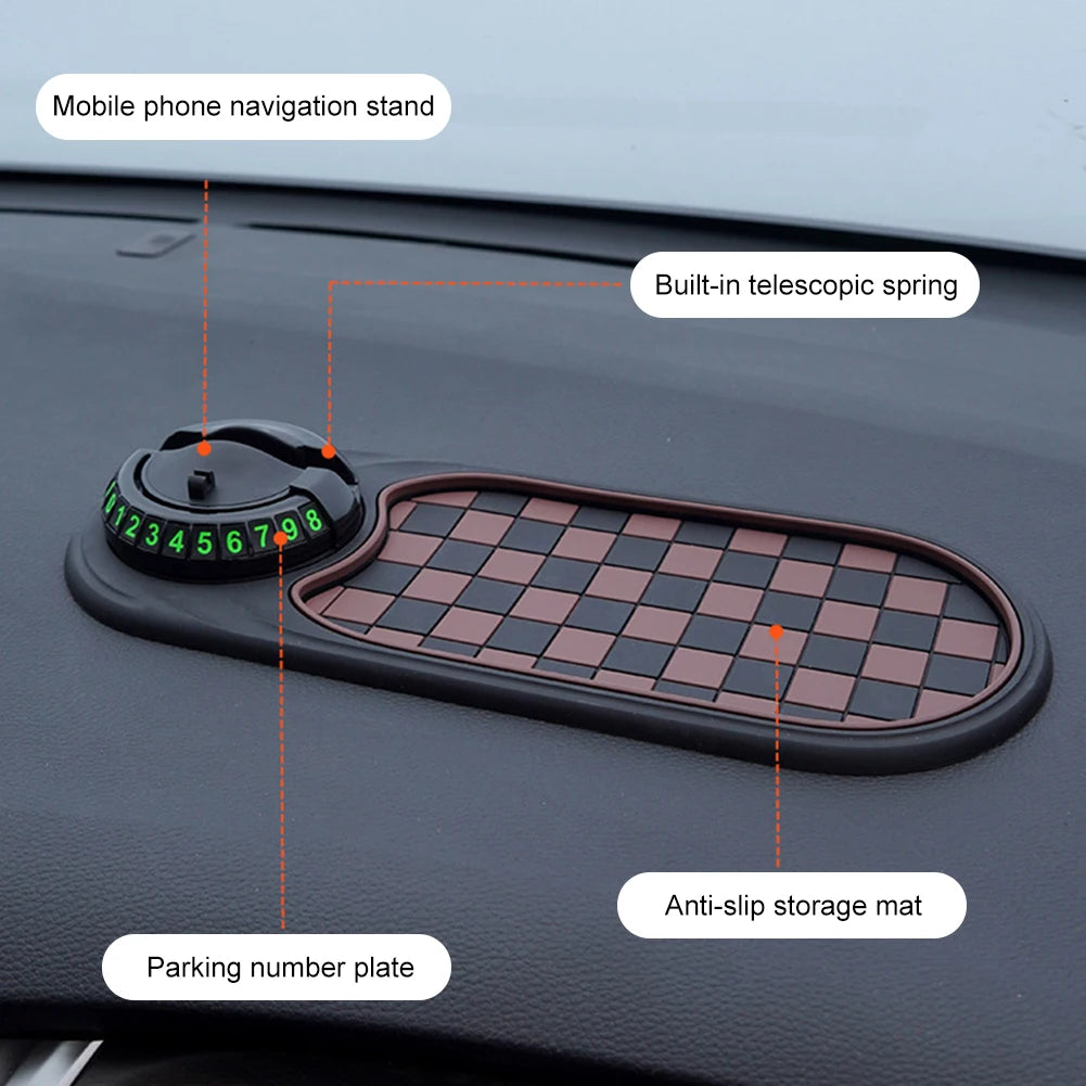 Car dashboard with a checkered phone stand, parking number plate, and anti-slip storage mat.