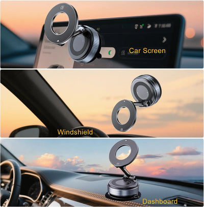 Car phone holder demonstrating use on car screen, windshield, and dashboard with sunset background.