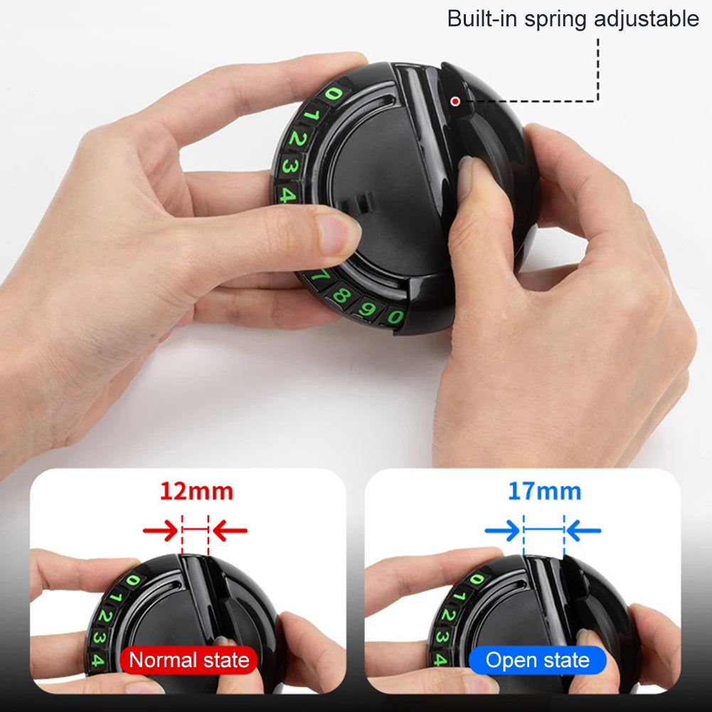 Hand holding a black adjustable tool with digital display, showing size measurements.
