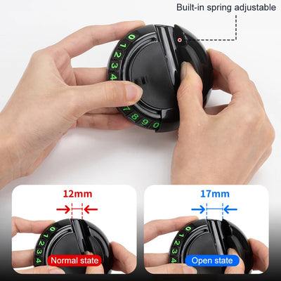 Hand holding a black adjustable tool with digital display, showing size measurements.