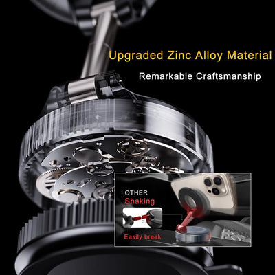 Close-up of a watch mechanism with text highlighting upgraded zinc alloy material and remarkable craftsmanship.