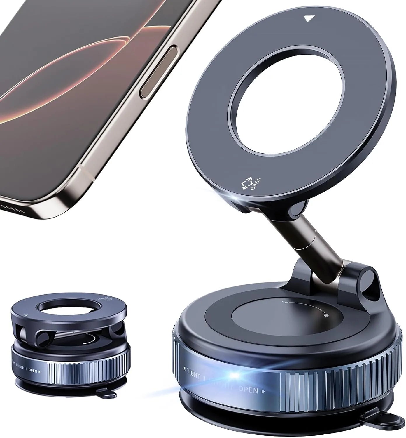 Phone camera lens kit with a ring light and phone attachment on a white background