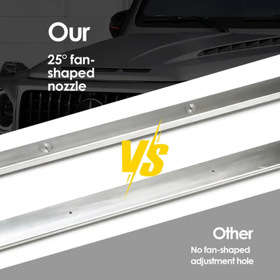 Comparison of a 25° fan-shaped nozzle with another design on a vehicle background.