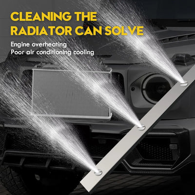 Car radiator with water spraying over it, text about radiator cleaning solutions for engine overheating and poor air conditioning cooling.
