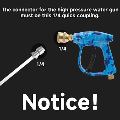 Blue high-pressure water gun with 1/4 quick coupling connector on a black background
