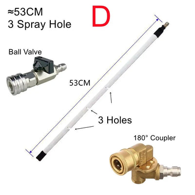 Pump pressure washer lance with ball valve and 180-degree coupler on a white background