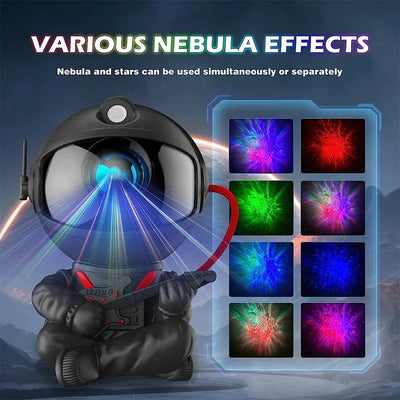 Toy robot with nebula effects display on a dark background
