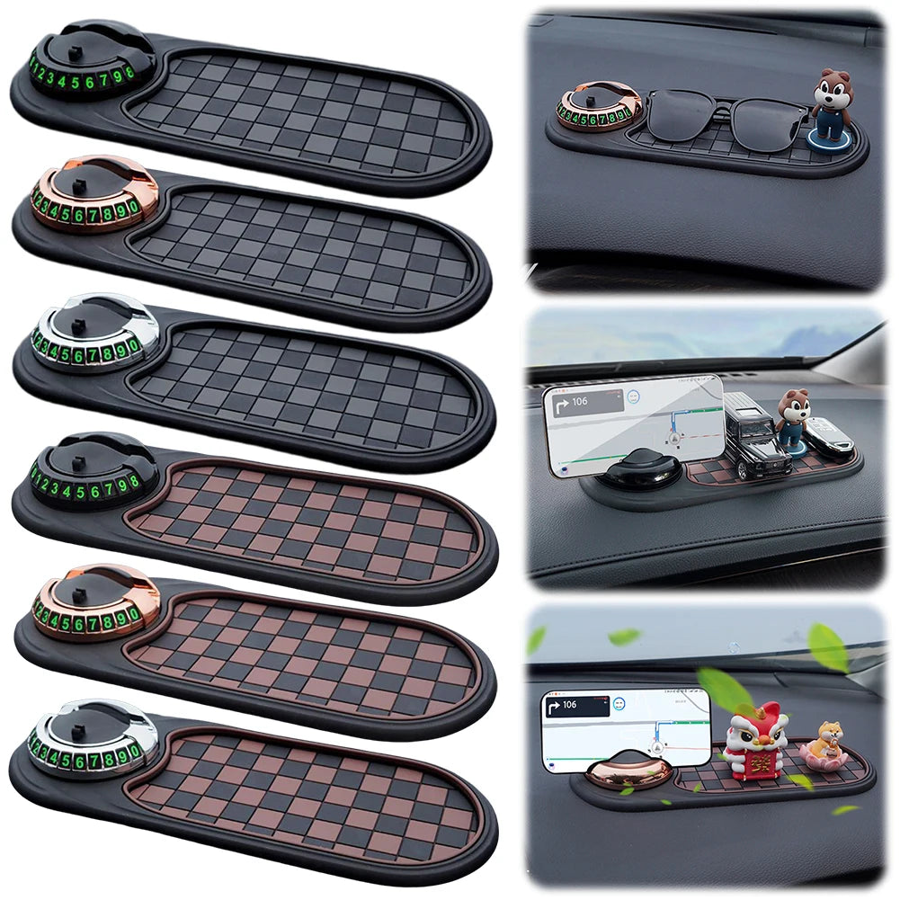 Set of car dashboard organizers with checkered and plain designs, used for holding items.